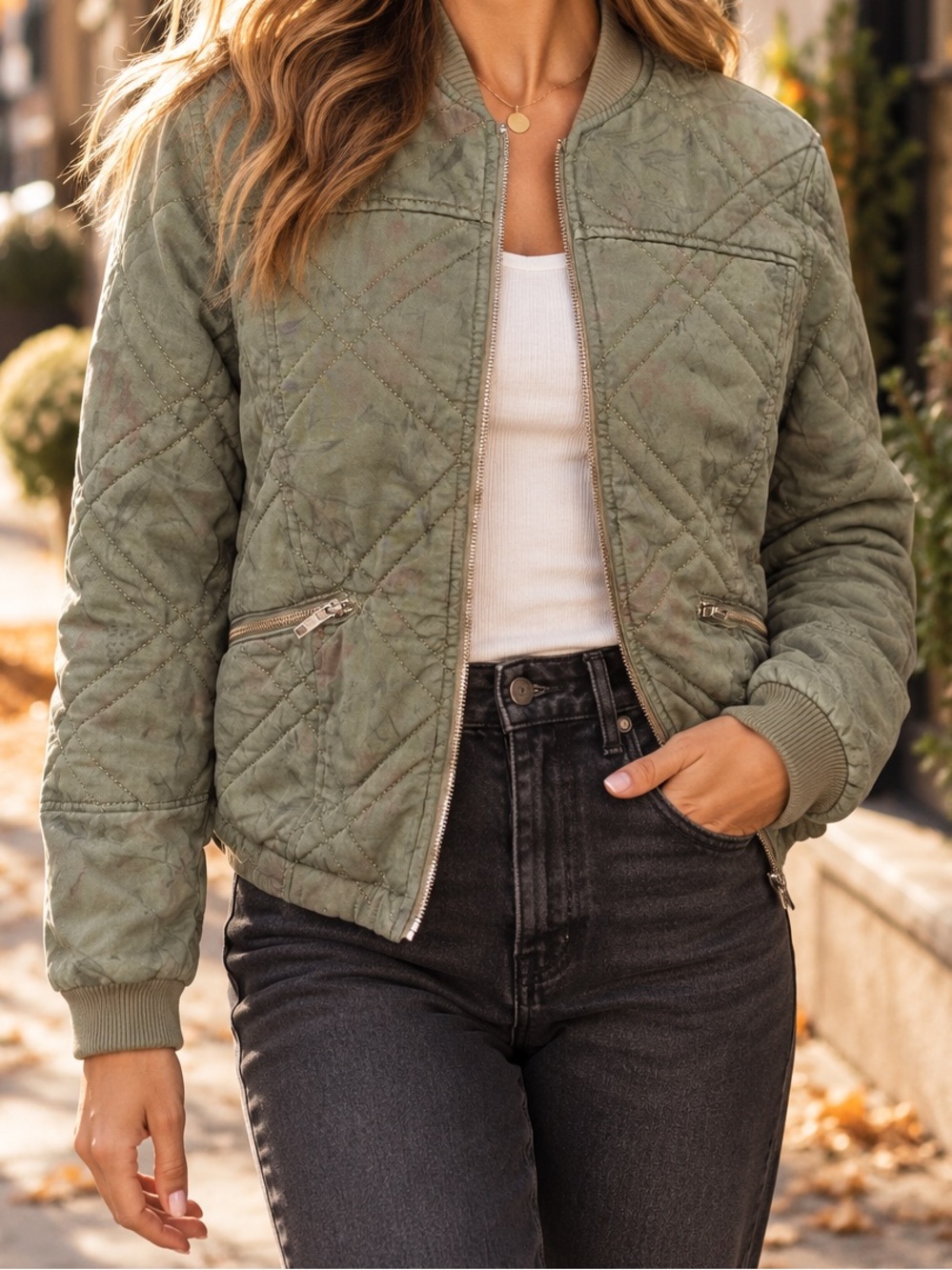By Anthropologie Olive Green Quilted Lyocell Bomber Jacket Size S